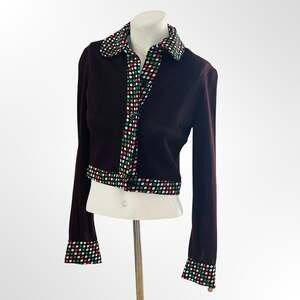 Vintage Ribbed Knit Cropped Cardigan with Polka Dot Trim